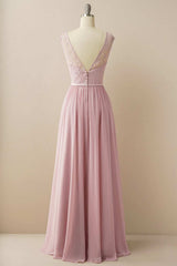 Blush Lace Sleeveless Backless Pleated Bridesmaid Dress