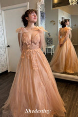 V-Neck A-Line Pearl Pink Applique Tulle Long Prom Dress with Straps
