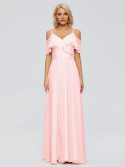Thin shoulder strap ruffled chiffon and floor length bridesmaid dress