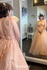 V-Neck A-Line Pearl Pink Applique Tulle Long Prom Dress with Straps