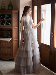 Unique v neck tulle beads long prom dress, tulle evening dress