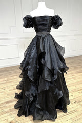 Red Off-the-Shoulder Puff Sleeve Multi-Layer Long Prom Dress