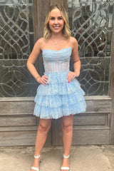 Lavender Tulle Beaded Strapless Tiered Short Gown