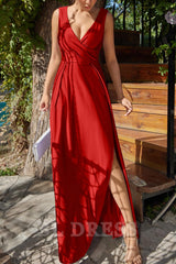 A-line V Neck Sleeveless High Split formal dresses Bridesmaid Dresses evening gown Prom Dress
