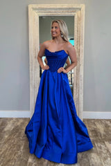 A-Line Strapless Royal Blue Satin Long Prom Dresses