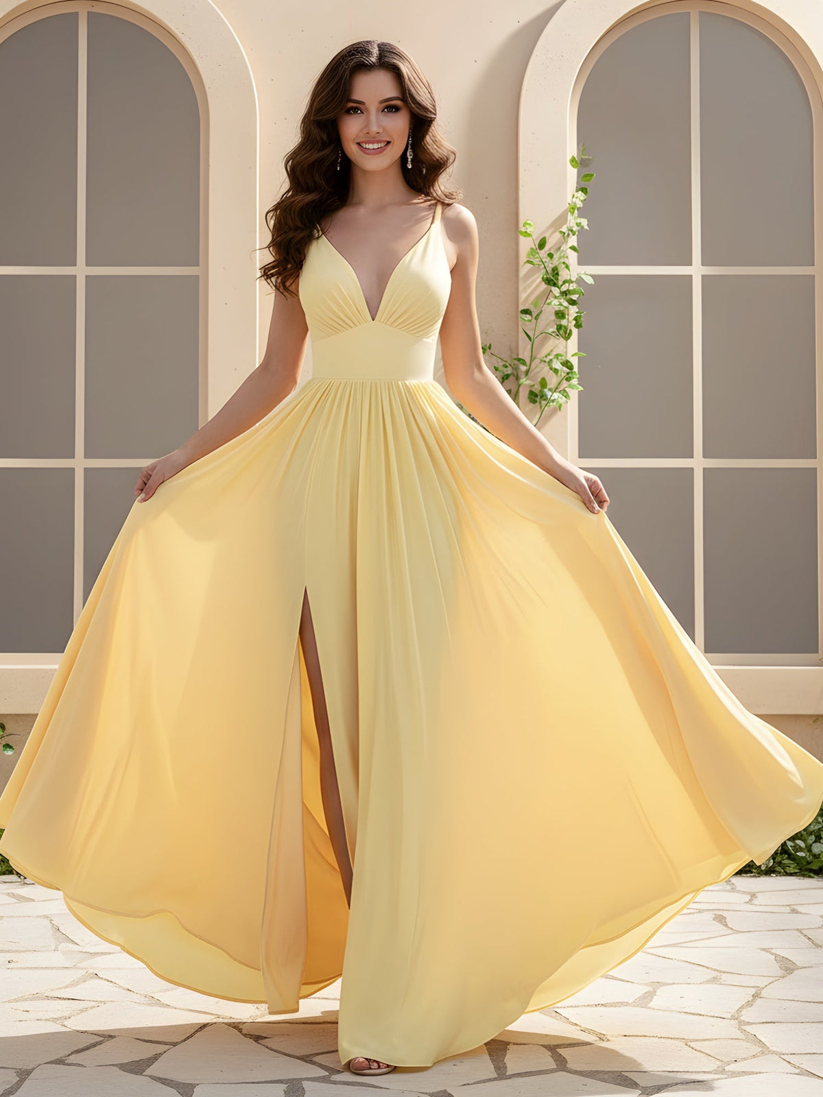 A-Line Pleated V-neck Long Dress With Slit Yellow