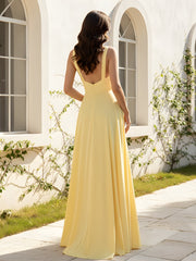 A-Line Pleated V-neck Long Dress With Slit Yellow