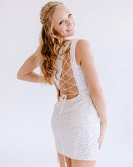 Lace-Up One Shoulder Red Short Homecoming Dresses,Sequin Short Prom Dress