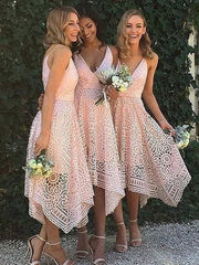 Spaghetti Straps Asymmetrical Deep V-Neck Lace Bridesmaid Dresses