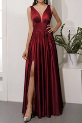 Off shoulder satin backless and floor length front slit prom dress