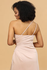 Blush Satin Mermaid One Shoulder Long Bridesmaid Dress with Slit