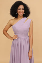 Lilac Chiffon One Shoulder Bridemaids Dress with Ruffles