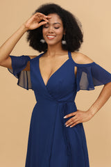 A-line Navy Chiffon Long Bridesmaid Dress