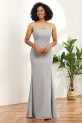 Grey Square Neck Mermaid Bridesmaid Dress with Cape