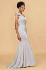 Grey Satin One Shoulder Mermaid Bridesmaid Dress With Bowknot