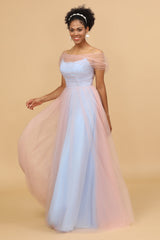 A Line Spaghetti Straps Pink&Blue Tulle Long Bridesmaid Dress
