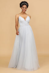 Grey Spaghetti Straps Tulle A-Line Bridesmaid Dress