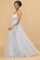 Grey Spaghetti Straps Tulle A-Line Bridesmaid Dress