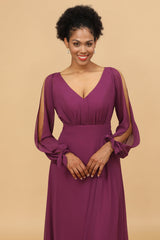 Purple Long Sleeves Cold Shoulder Bridesmaid Dress