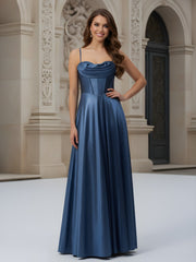 Pleated Sweetheart Neck A-Line Long Dress Navy Blue