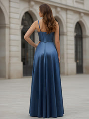 Pleated Sweetheart Neck A-Line Long Dress Navy Blue