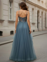 V-neck Sequins Sheer Corset A-Line Tulle Dress Slate Blue