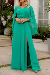 A-line V-neck bat sleeve chiffon elegant oversized mother of the bride dress
