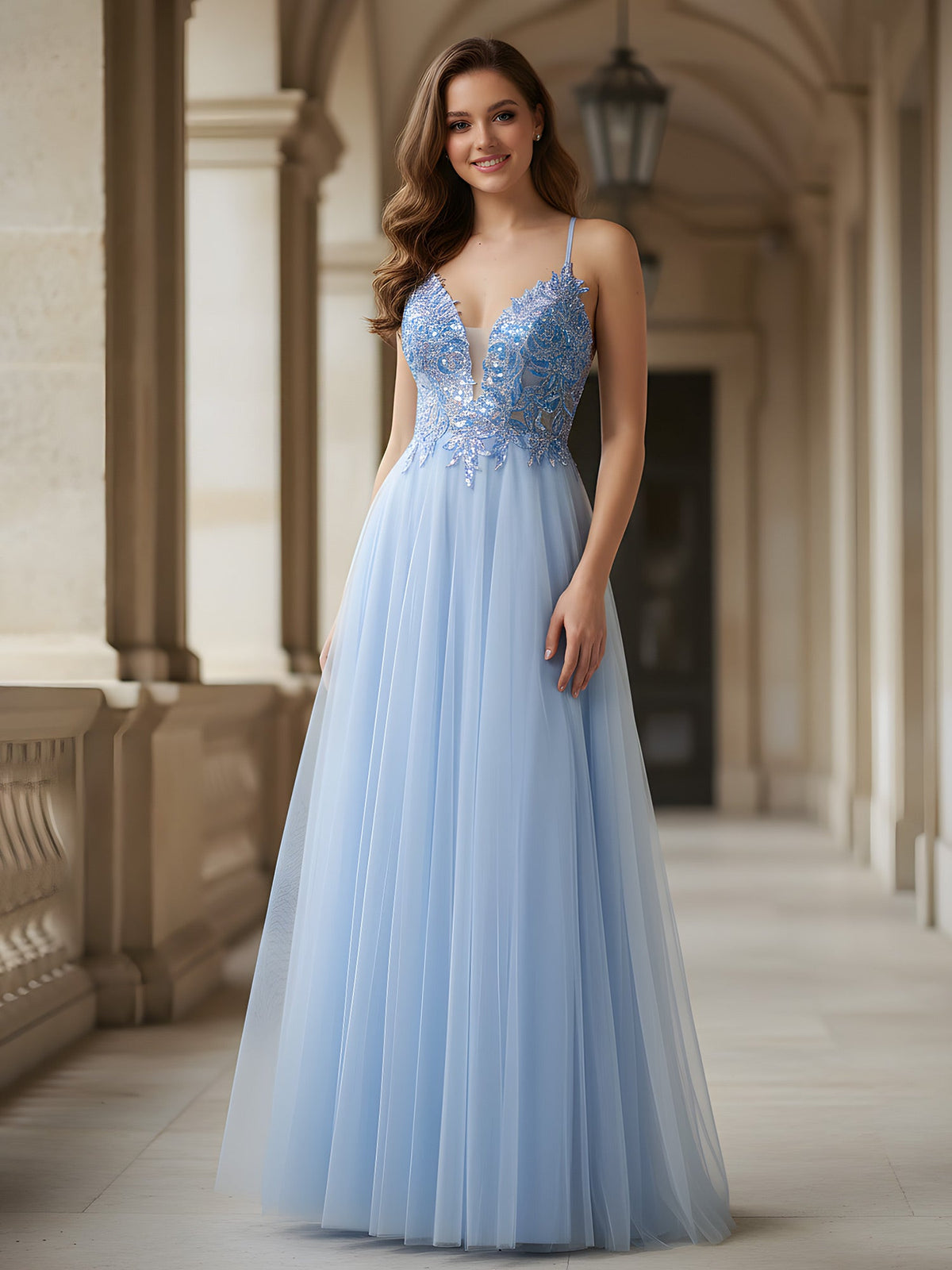 A-Line Spaghetti Straps Applique Sequins Tulle Dress Sky Blue