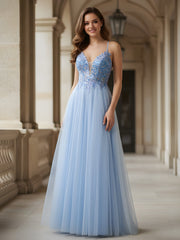 A-Line Spaghetti Straps Applique Sequins Tulle Dress Sky Blue