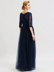 Ball Gown A-Line Mother of the Bride Dress Beautiful Back See Through V Neck Floor Length Tulle Sheer Lace 3/4 Length Sleeve with Sash / Ribbon Pleats