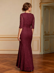 All-Over Lace Mermaid Gown with Scalloped V-Neck Burgundy