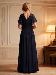 Chiffon A-Line Gown with Ruched Bodice and Lace Insert Dark Navy
