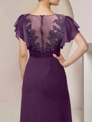 A-Line Mother of the Bride Dress Formal Wedding Guest Elegant Scoop Neck Tea Length Chiffon Lace 3/4 Length Sleeve with Beading