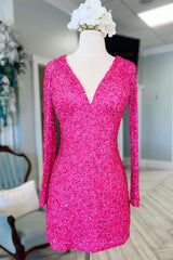 Neon Pink Sequin V-Neck Long Sleeve Short Party Dress