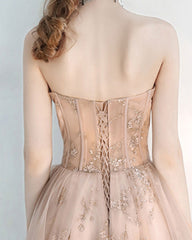 Champagne A line tulle lace long prom dress, champagne evening dress