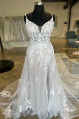 Ivory Floral Lace Spaghetti Strap Long Bridal Gown