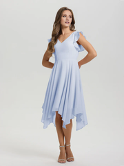 Lotus leaf edge sleeve V-neck asymmetrical tea long chiffon tea long bridesmaid dress
