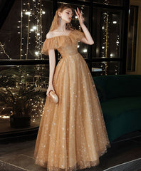Gold off shoulder tulle long prom dress, gold evening dress