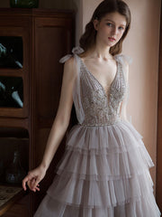 Unique v neck tulle beads long prom dress, tulle evening dress