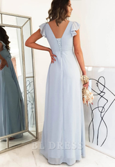 A-line V Neck Chiffon Long formal dresses Bridesmaid Dresses evening gown Prom Dress with Sleeves