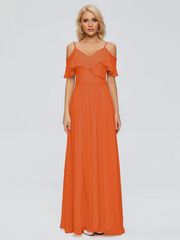 Thin shoulder strap ruffled chiffon and floor length bridesmaid dress