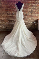 Mermaid White Tulle Lace Plunge V Long Wedding Dress Open Back