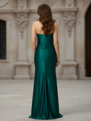 Sweetheart Neck Beaded Sheath Long Slit Dress Dark Green