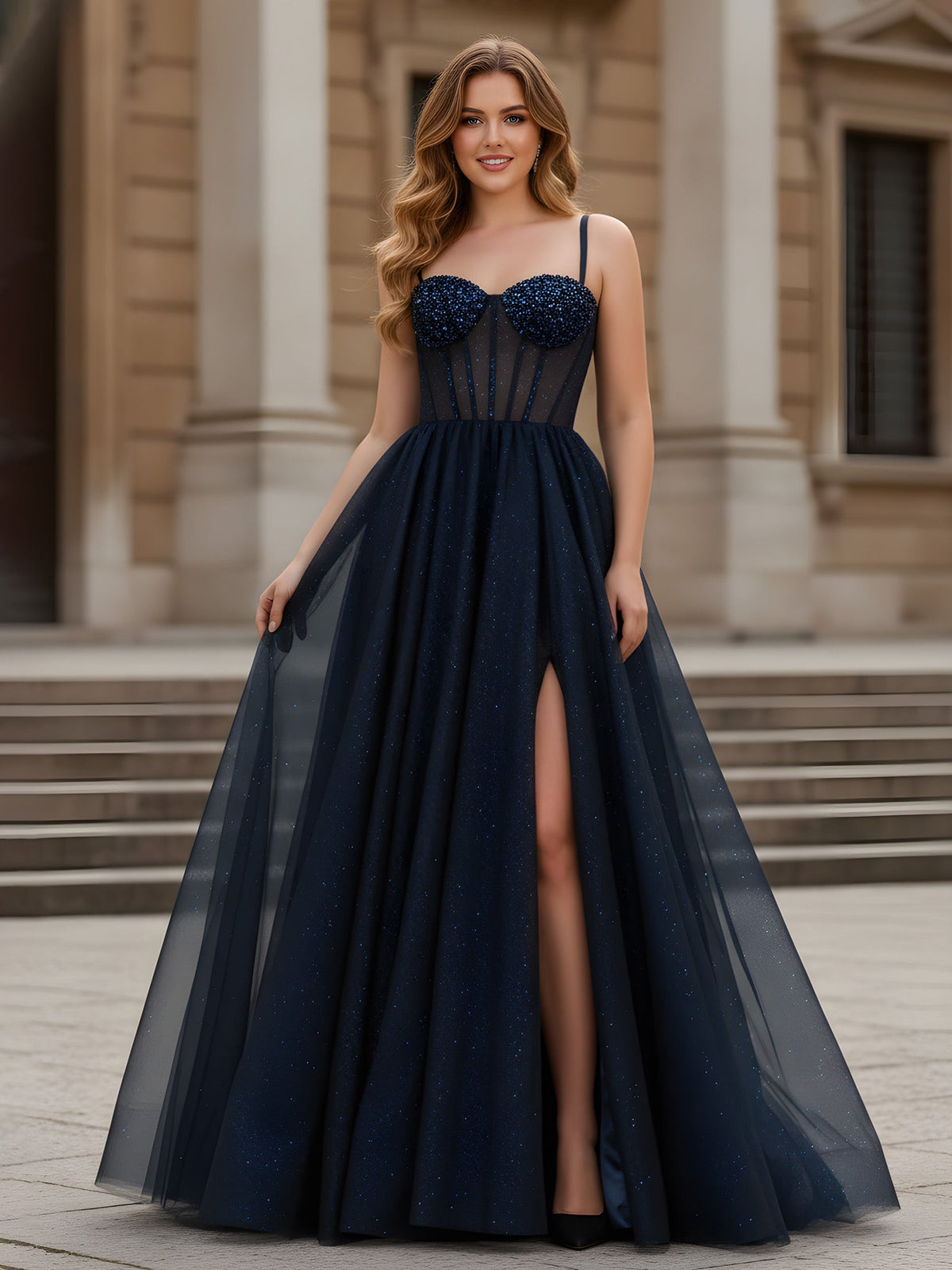 Sparkle Sweetheart Neck A-LIne Tulle Dress With Slit Dark Navy
