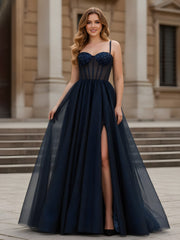 Sparkle Sweetheart Neck A-LIne Tulle Dress With Slit Dark Navy