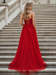 A-Line Sweetheart Neck Applique Sequins Tulle Dress Red