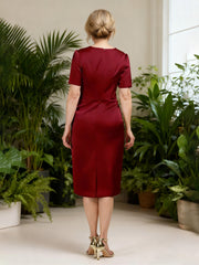 Satin Sheath Dress with Structured Square Neckline Burgundy