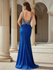 Spaghetti Straps Applique Corset Mermaid Dress Royal Blue