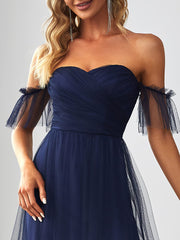 Navy Blue Women's Formal Dress Sweetheart Off-Shoulder Ruched Tulle Maxi Prom Dresses