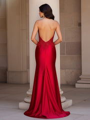 Strapless Applique Sequins Sheath Dress With Slit Red